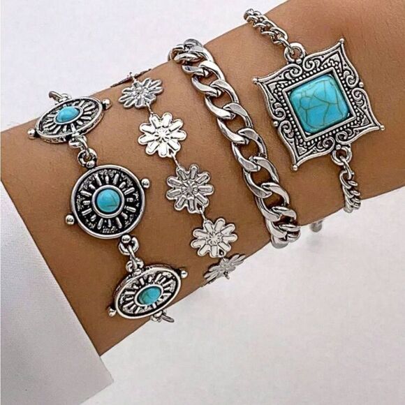 Silver Turquoise Festival Bracelet Set of 4 - Picture 4 of 4